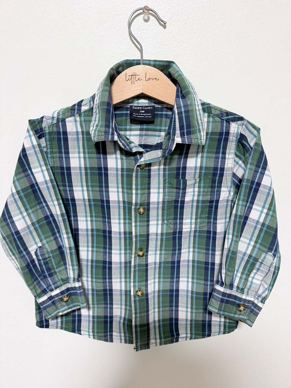 Faded Glory Button-Down Shirt Size 24M Green Blue Plaid Cotton